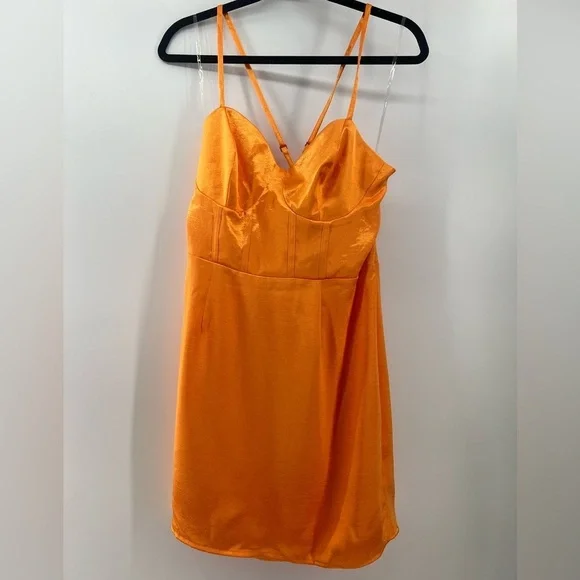 NWT Wild Fable bright orange satin mini dress corset bodice lace up back large - Picture 5 of 11